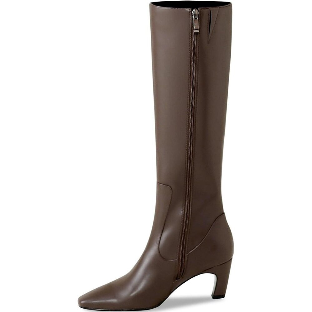 ⚡Women Faux Leather Brown Square Toe Chunky Block Heels Side Zipper  Boots